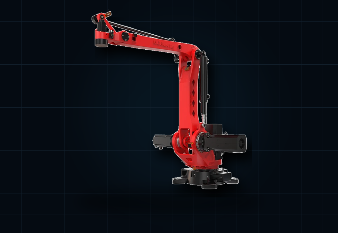 Red and black robot arm on a dark grid background.
