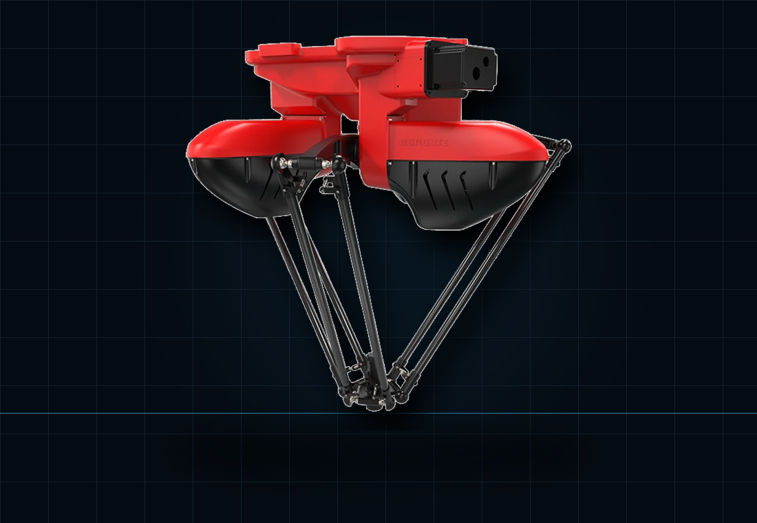 Red and black parallel robot on a dark grid background.