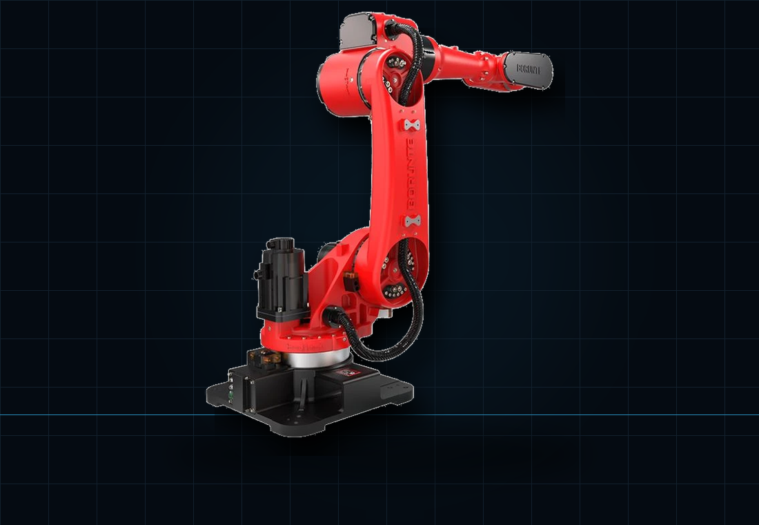 Red and black robot arm on a dark grid background.